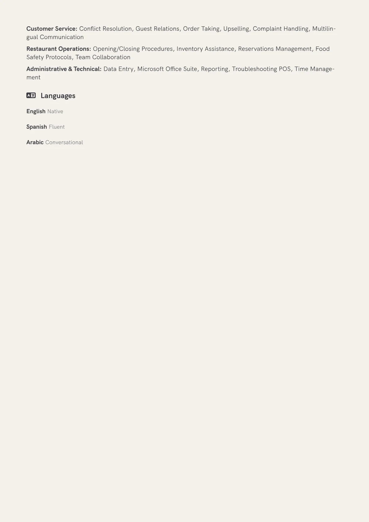 Restaurant Cashier Resume Example CV template - Page 2