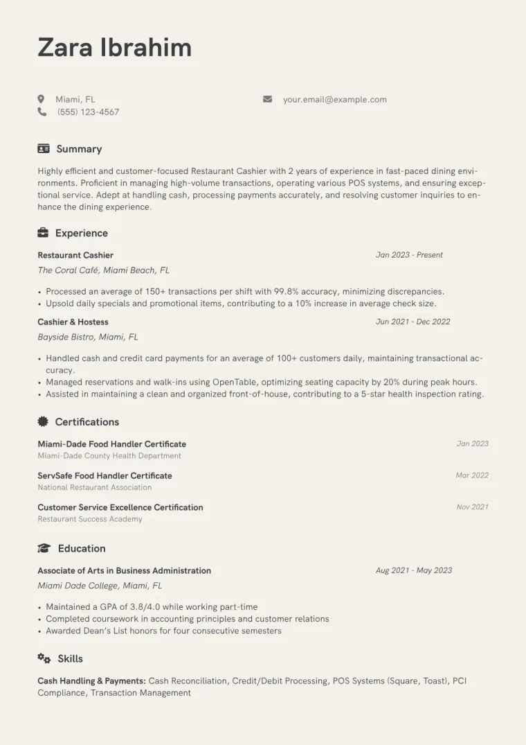 Restaurant Cashier Resume Example CV template preview