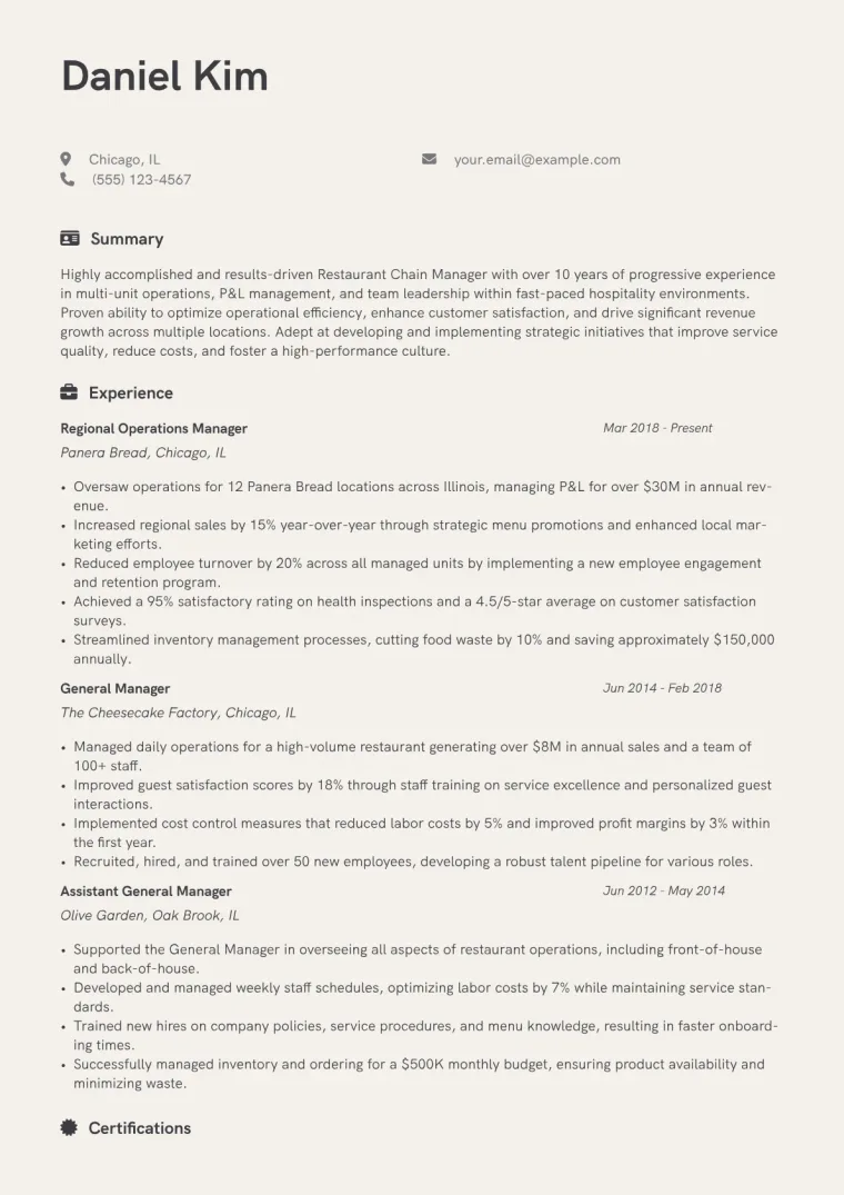 Restaurant Chain Manager Resume Example CV template preview