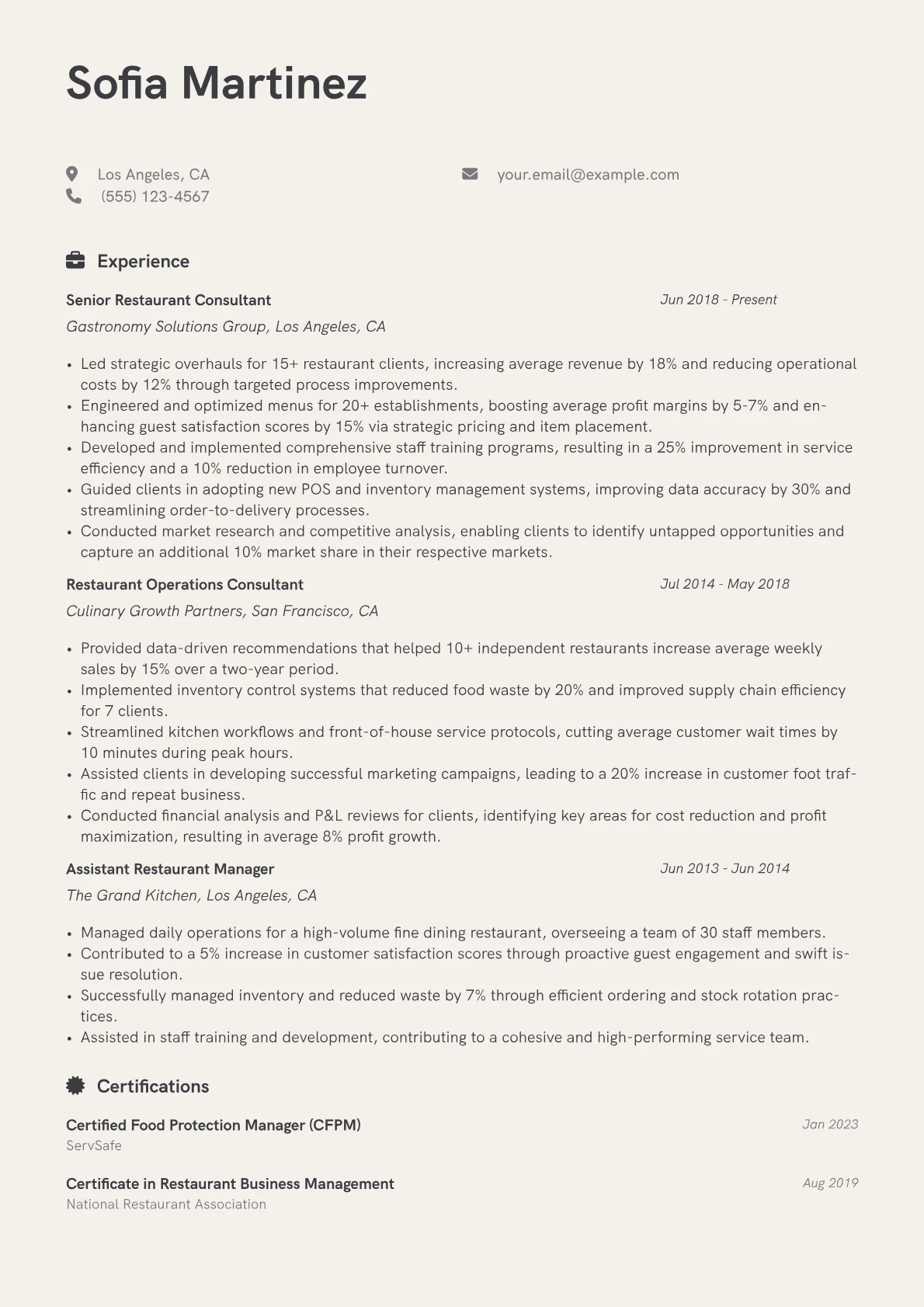Restaurant Consultant Resume Example CV template - Page 1
