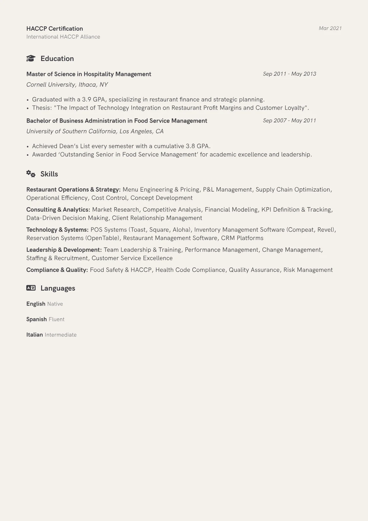 Restaurant Consultant Resume Example CV template - Page 2