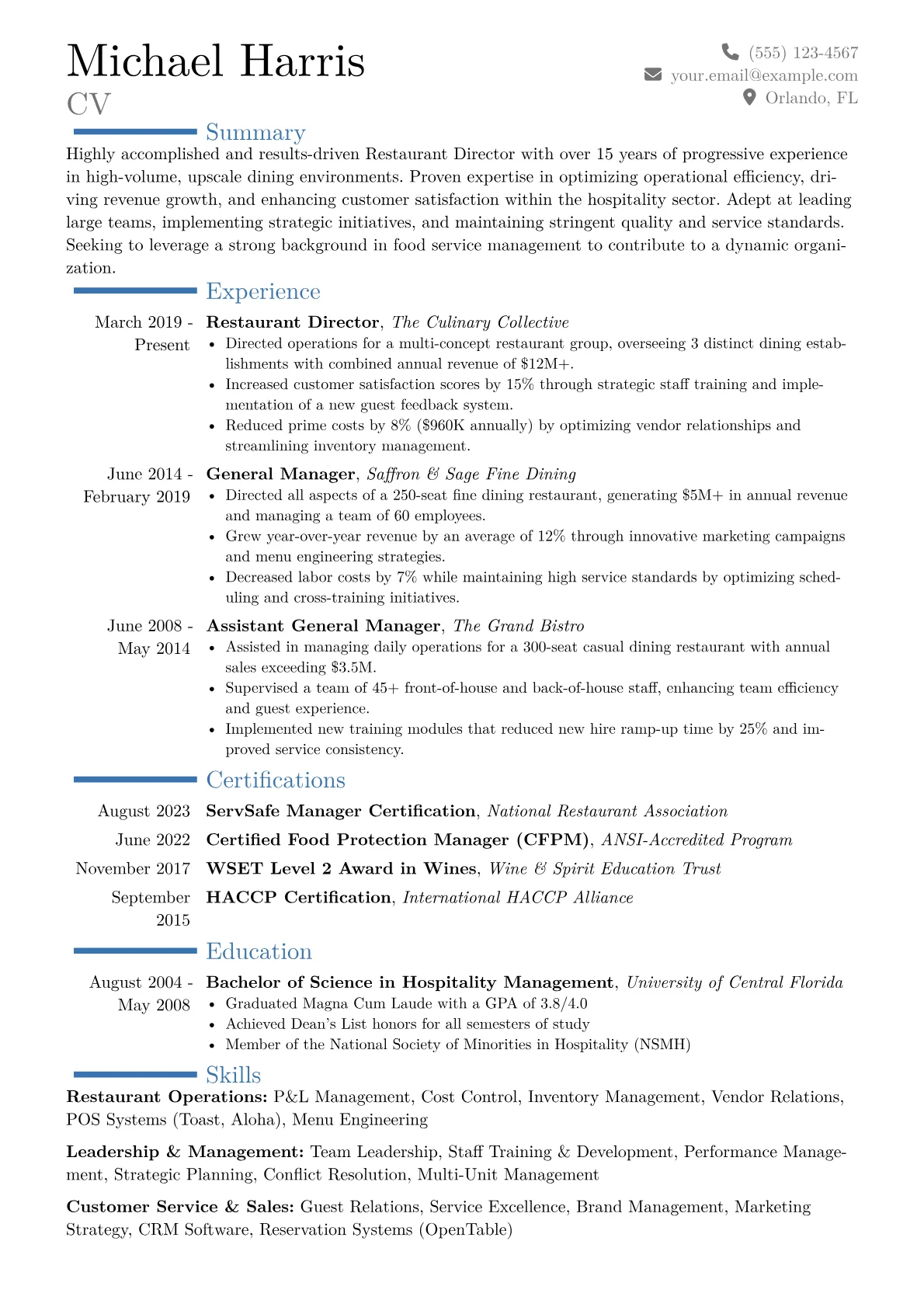 Restaurant Director Resume Example CV template - Page 1