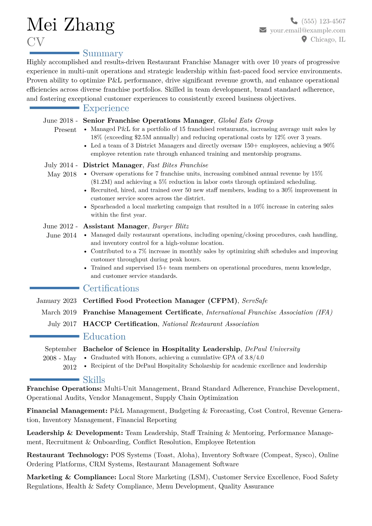 Restaurant Franchise Manager Resume Example CV template - Page 1
