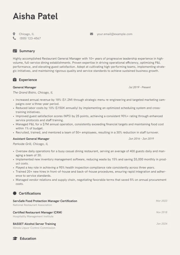 Restaurant General Manager Resume Example CV template preview