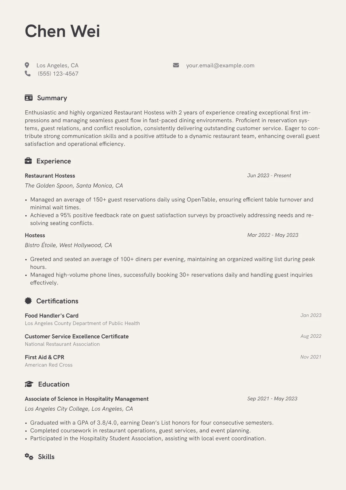 Restaurant Hostess Resume Example CV template - Page 1