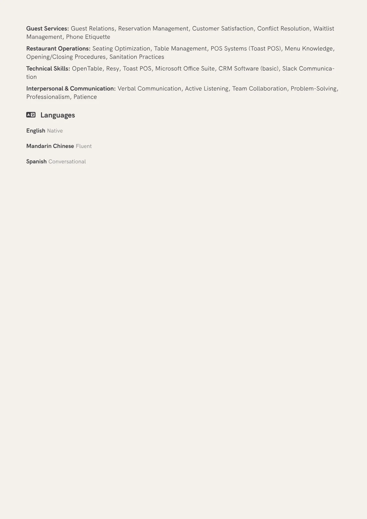 Restaurant Hostess Resume Example CV template - Page 2