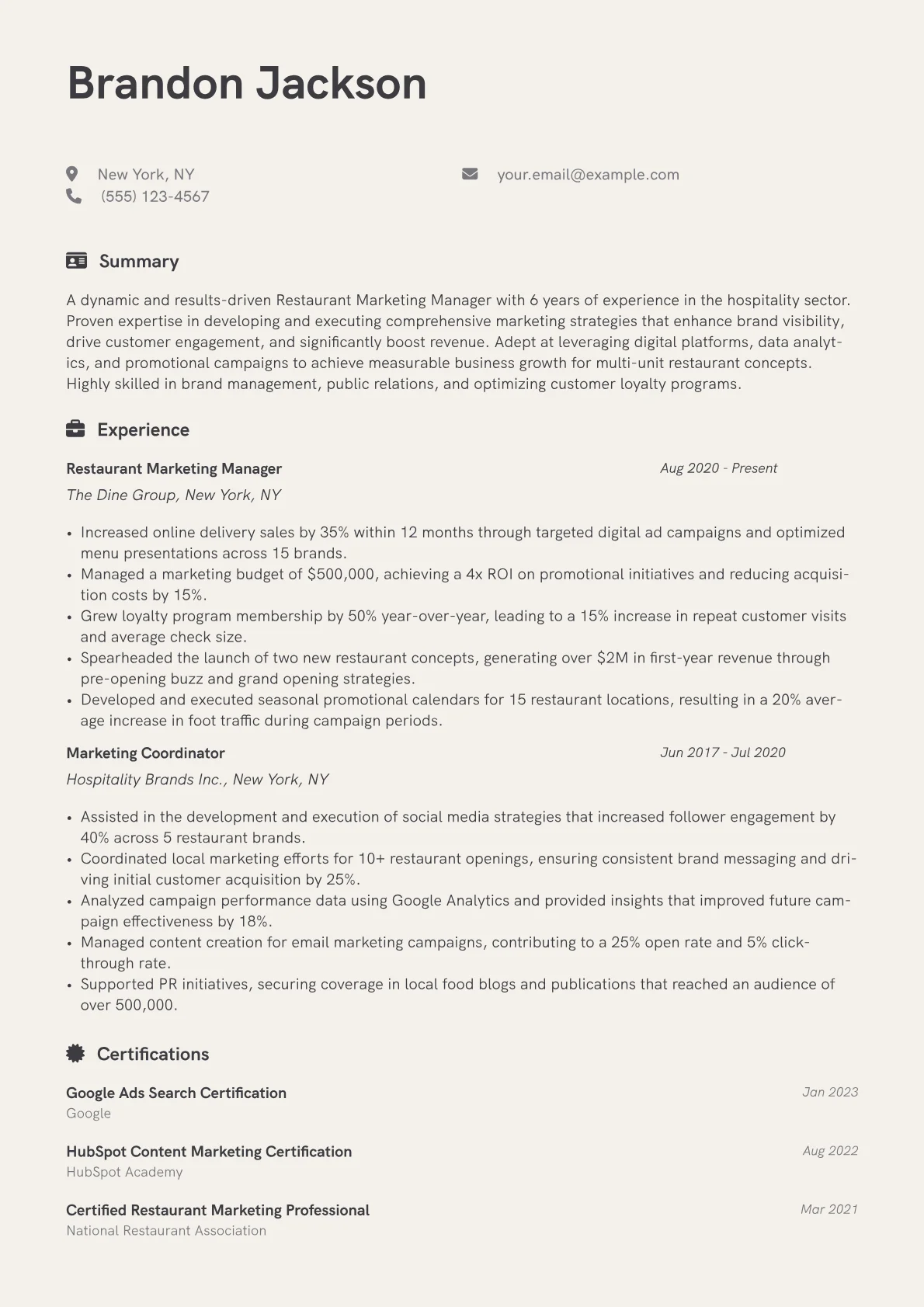 Restaurant Marketing Manager Resume Example CV template - Page 1