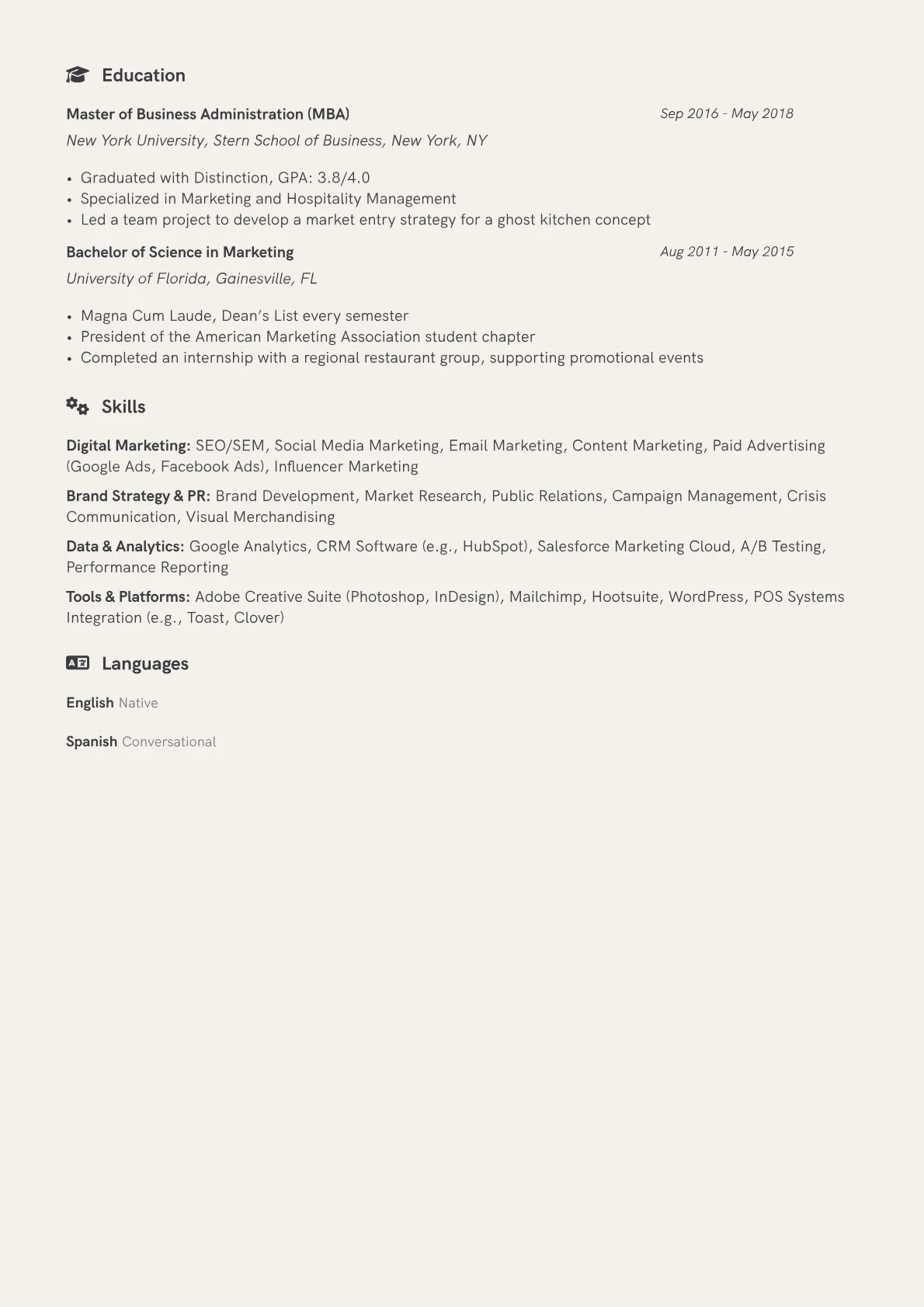 Restaurant Marketing Manager Resume Example CV template - Page 2