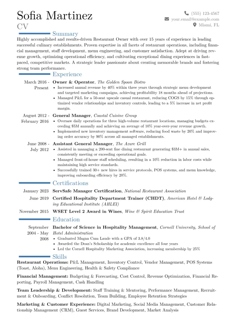 Restaurant Owner Resume Example CV template preview