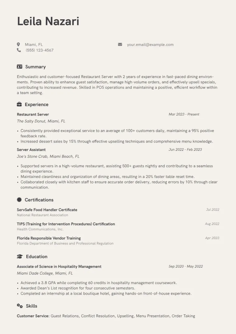 Restaurant Server Resume Example CV template preview