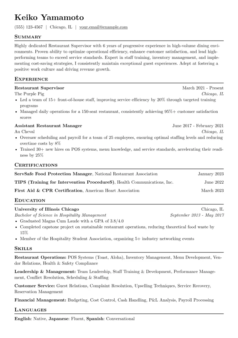 Restaurant Supervisor Resume Example CV template preview