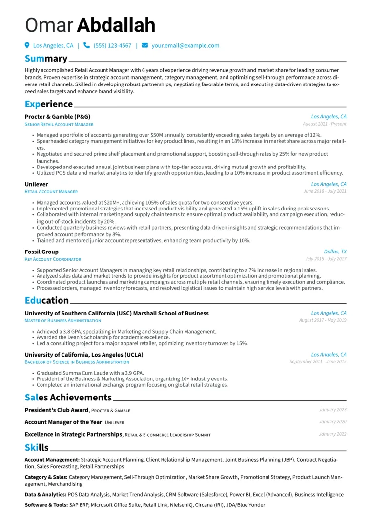 Retail Account Manager Resume Example CV template preview