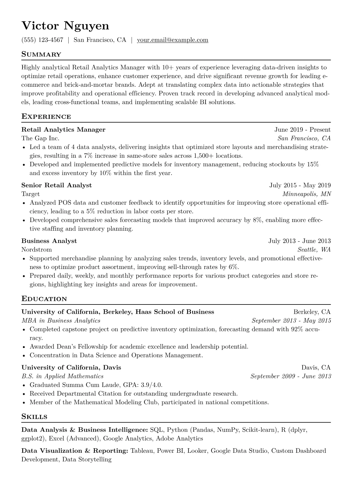 Retail Analytics Manager Resume Example CV template - Page 1