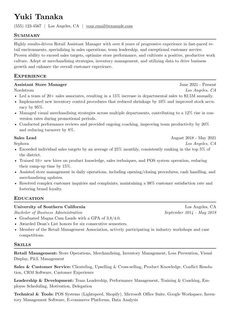 Retail Assistant Manager Resume Example CV template preview