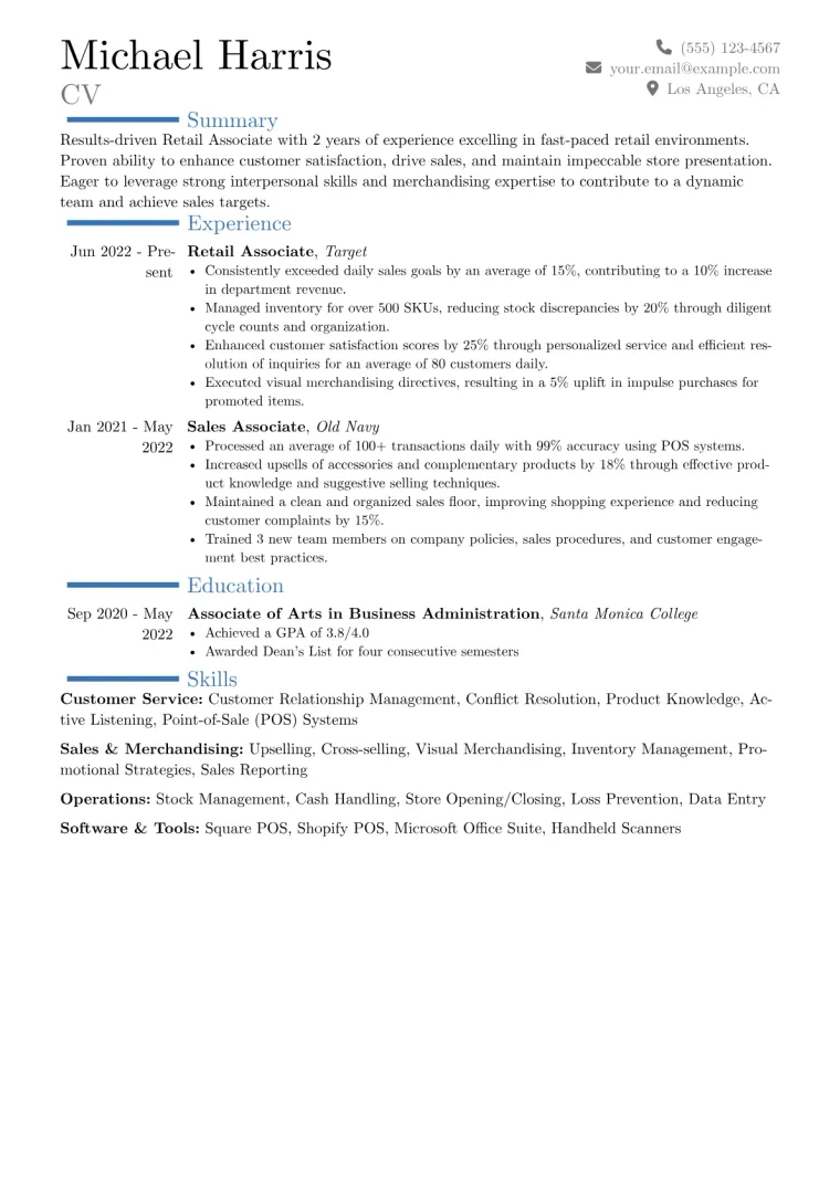 Retail Associate Resume Example CV template preview