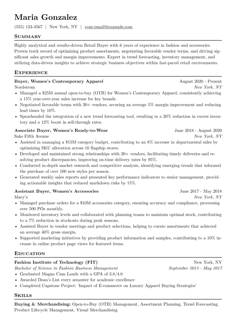 Retail Buyer Resume Example CV template preview