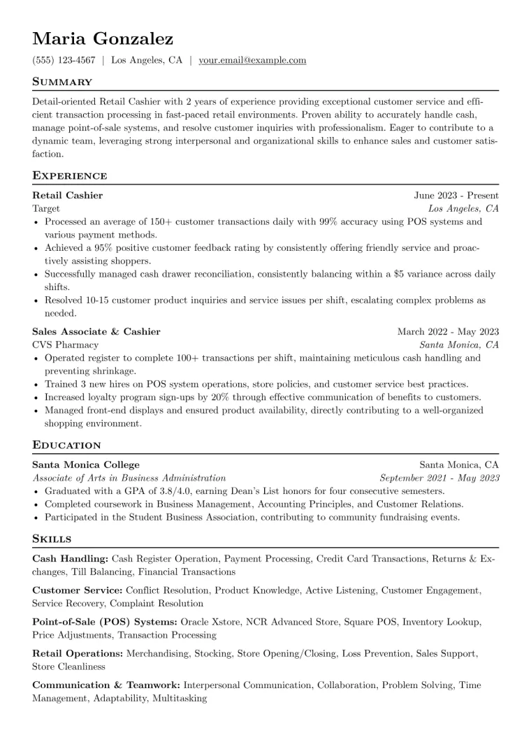 Retail Cashier Resume Example CV template preview
