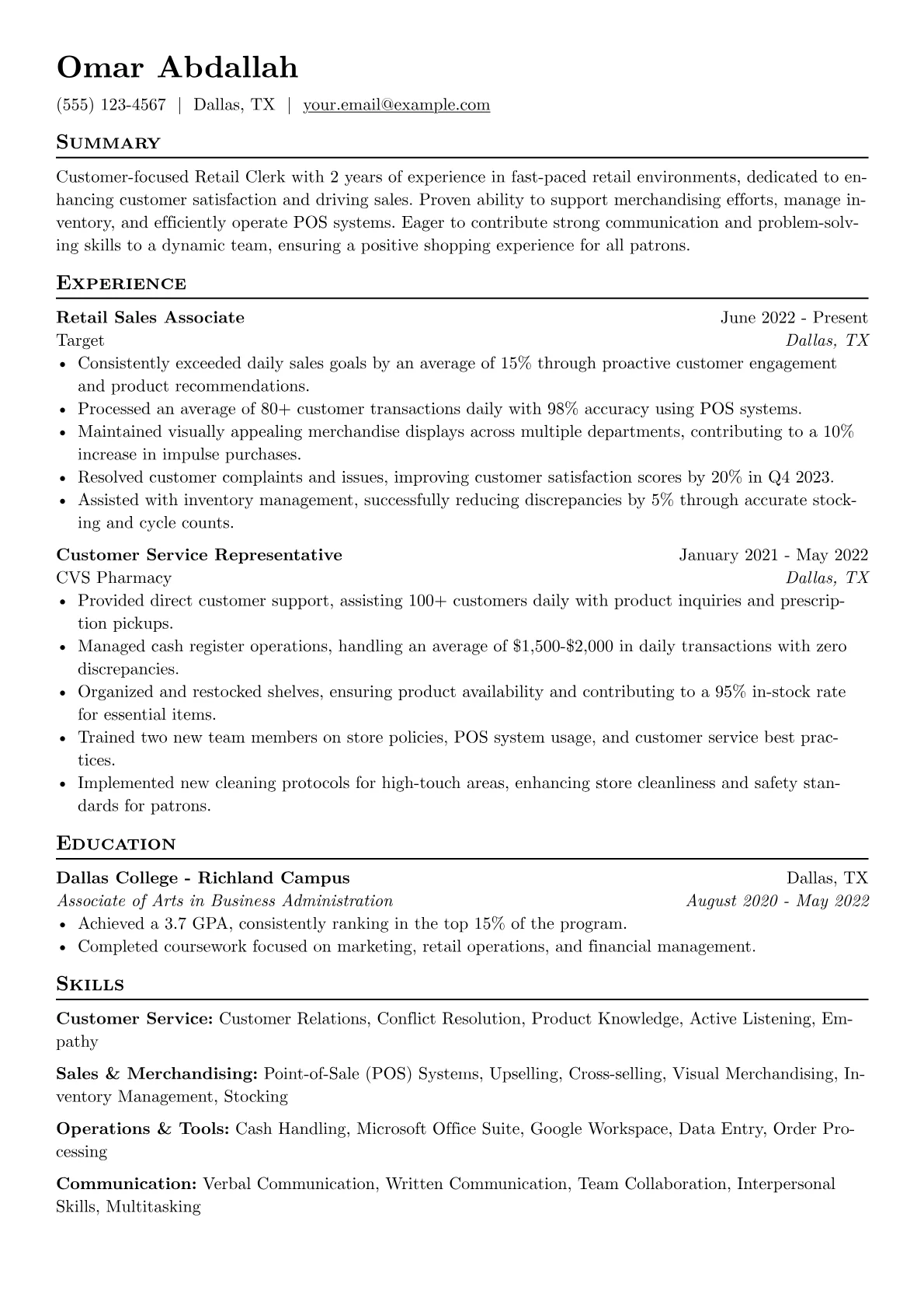 Retail Clerk Resume Example CV template - Page 1