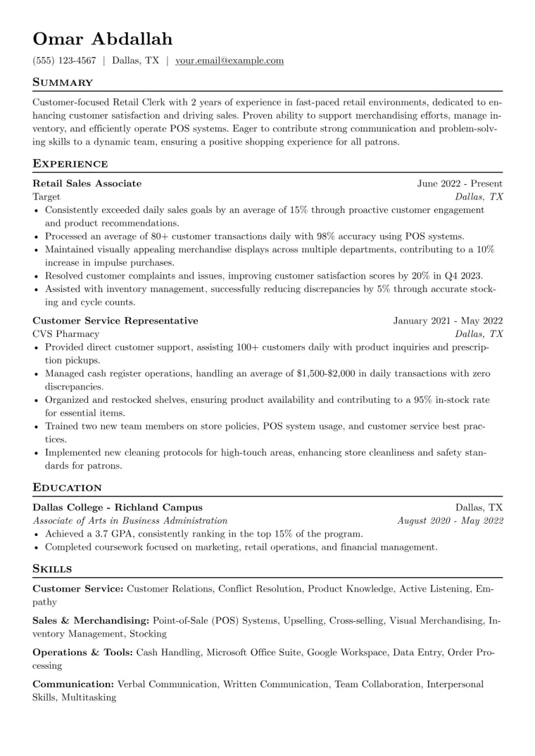 Retail Clerk Resume Example CV template preview