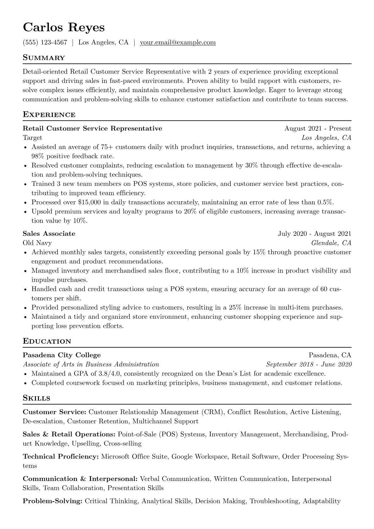 Retail Customer Service Representative Resume Example CV template - Page 1
