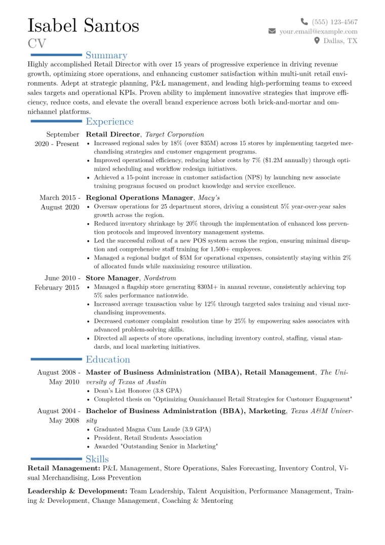 Retail Director Resume Example CV template preview