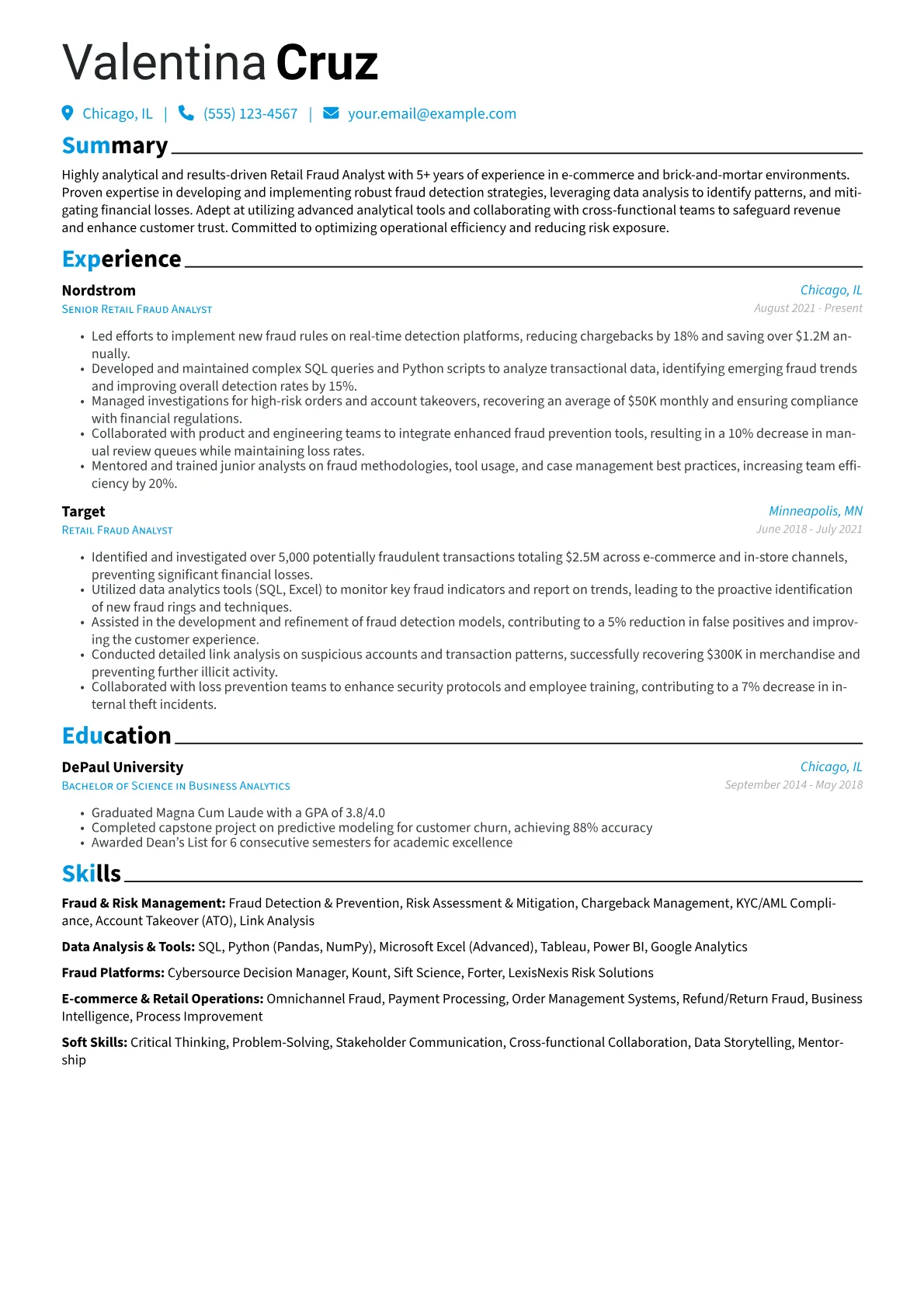 Retail Fraud Analyst Resume Example CV template - Page 1