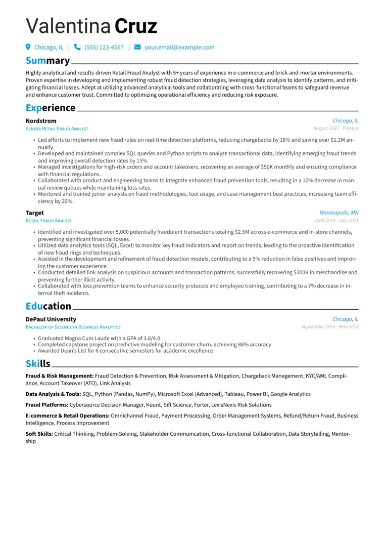 Retail Fraud Analyst Resume Example CV template preview