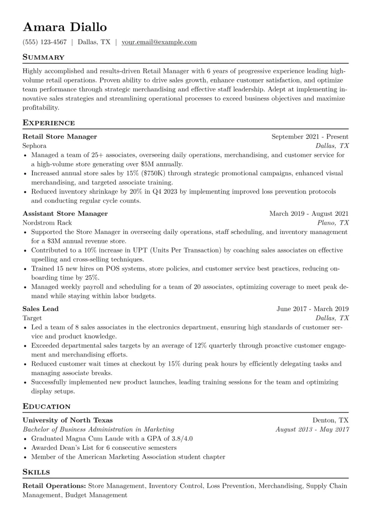 Retail Manager Resume Example CV template preview