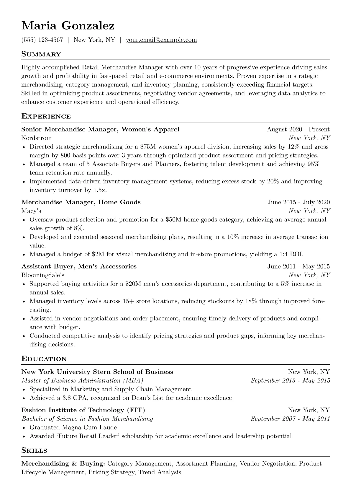 Retail Merchandise Manager Resume Example CV template - Page 1