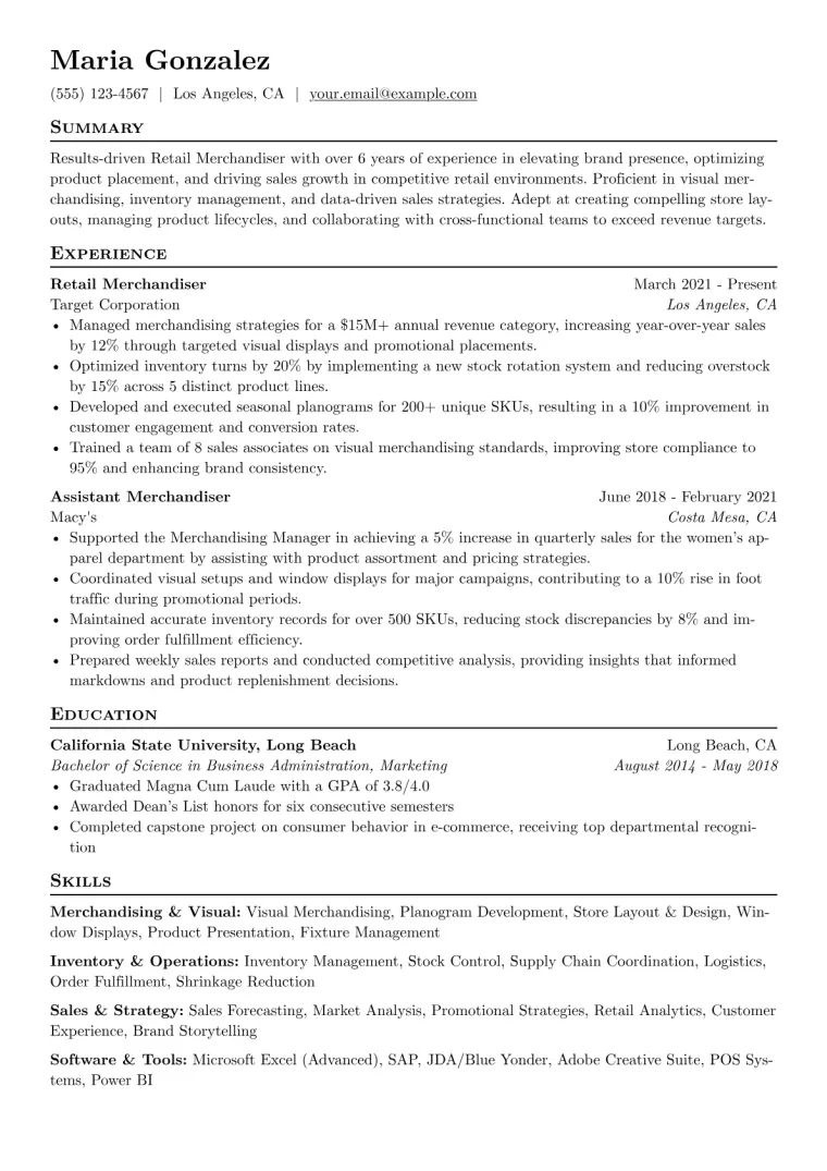 Retail Merchandiser Resume Example CV template preview