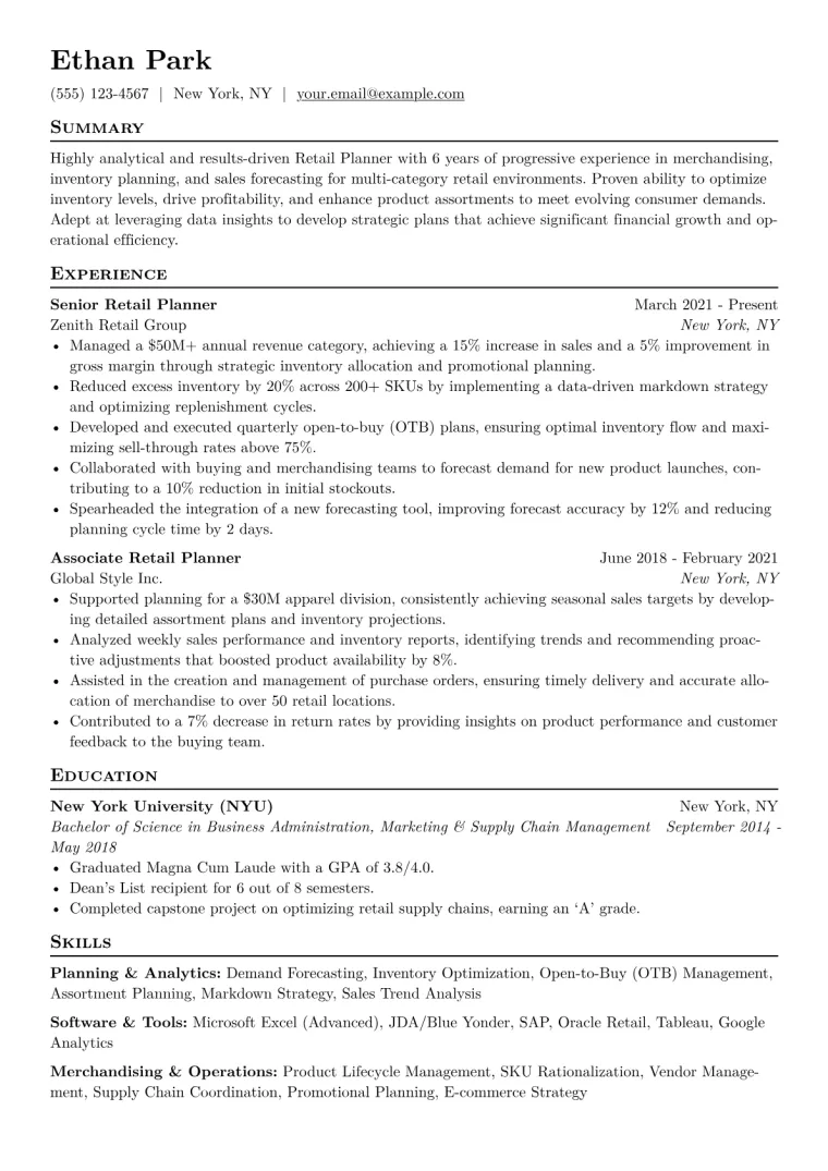 Retail Planner Resume Example CV template preview