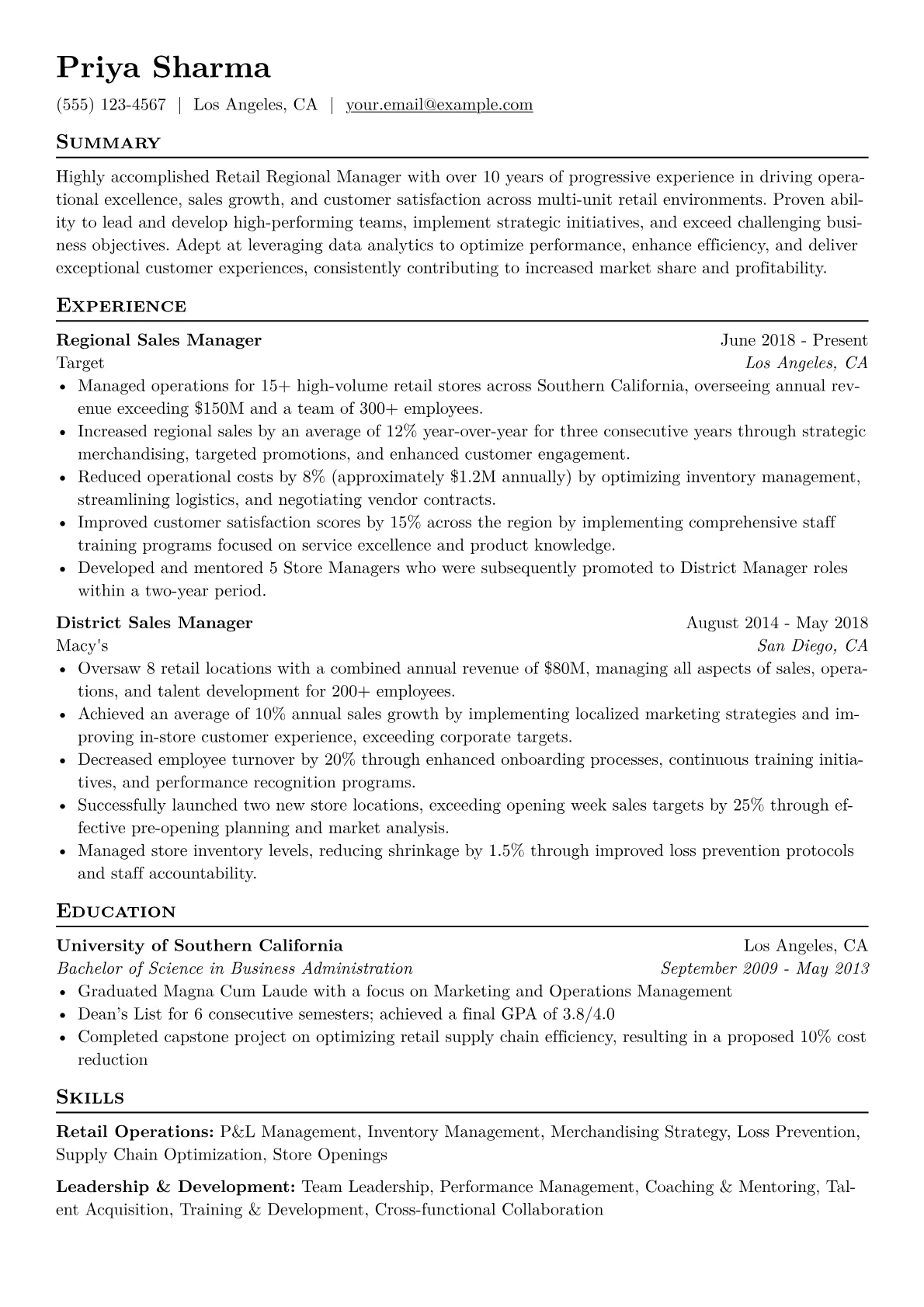 Retail Regional Manager Resume Example CV template - Page 1