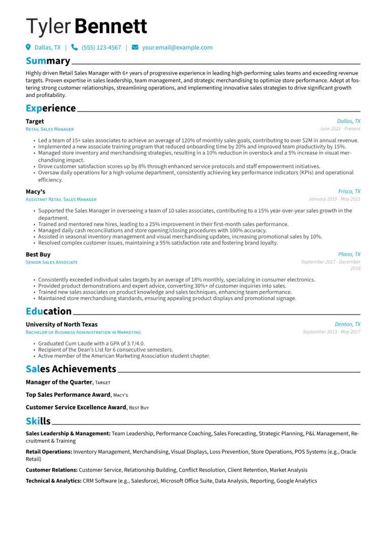 Retail Sales Manager Resume Example CV template preview