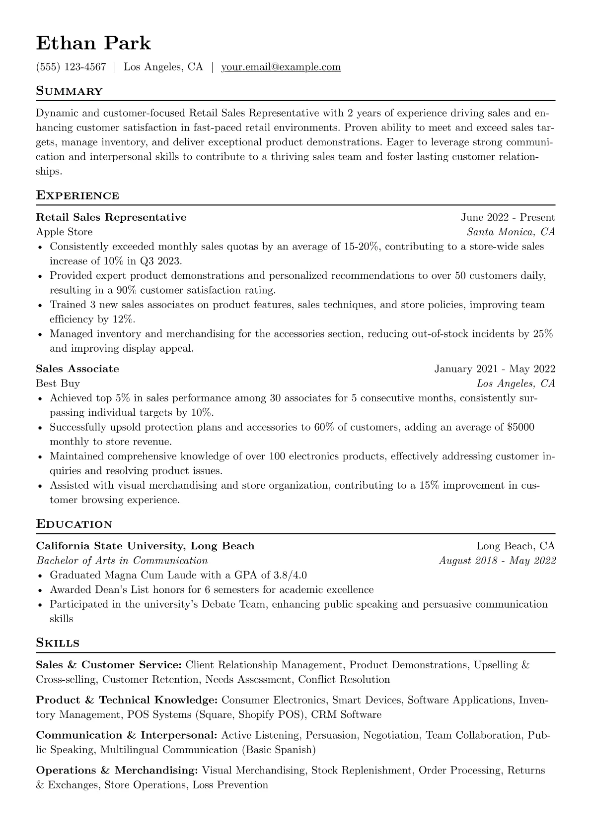 Retail Sales Representative Resume Example CV template - Page 1