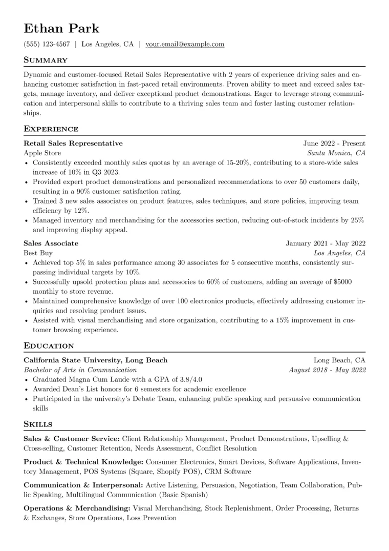 Retail Sales Representative Resume Example CV template preview