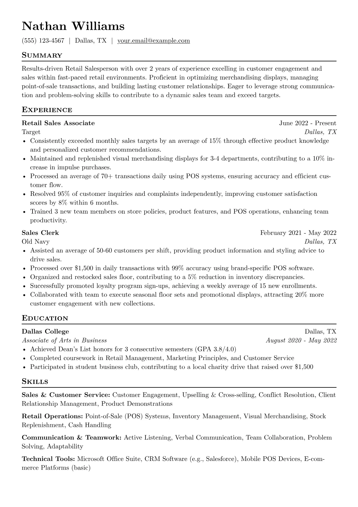 Retail Salesperson Resume Example CV template - Page 1