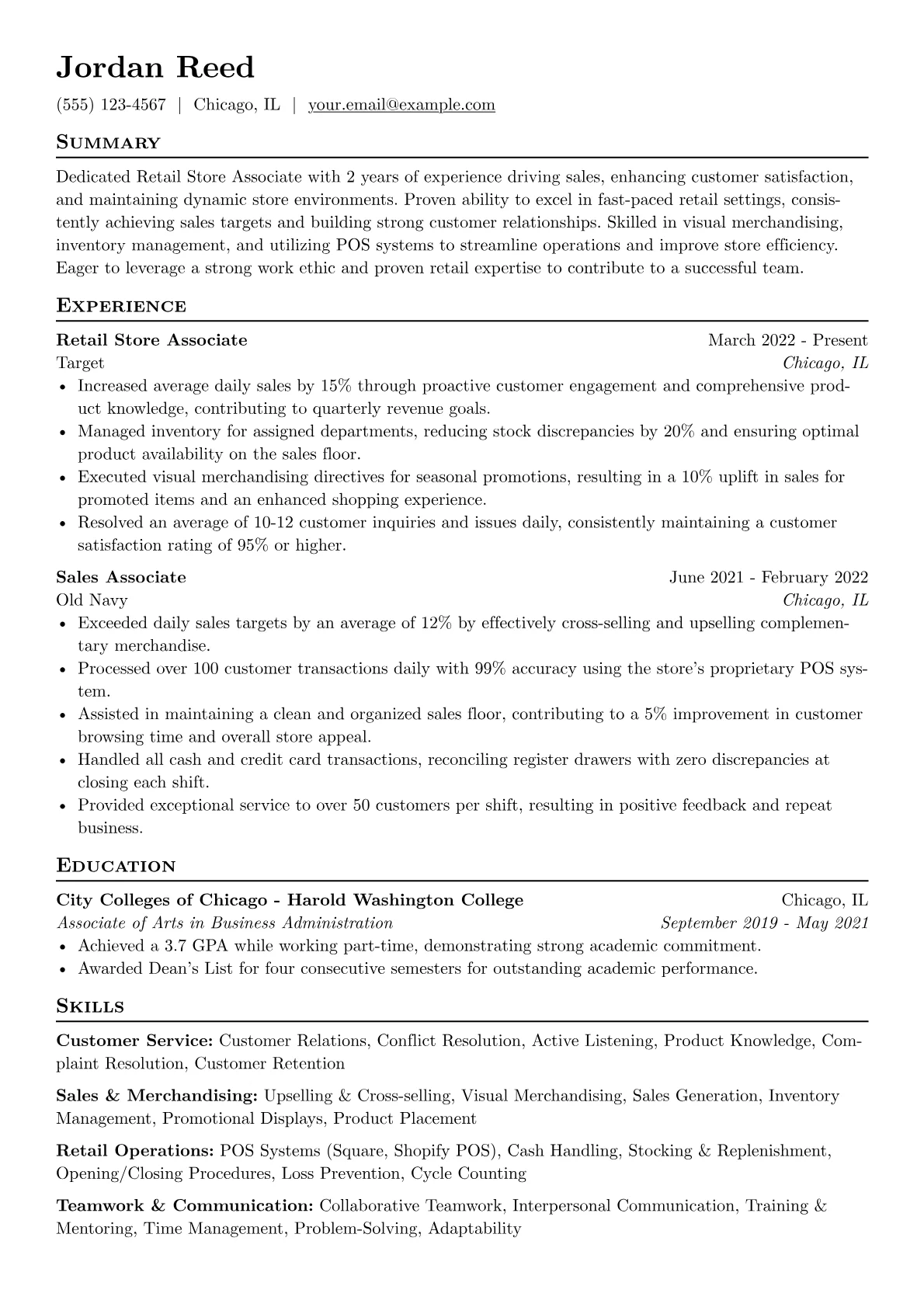 Retail Store Associate Resume Example CV template - Page 1