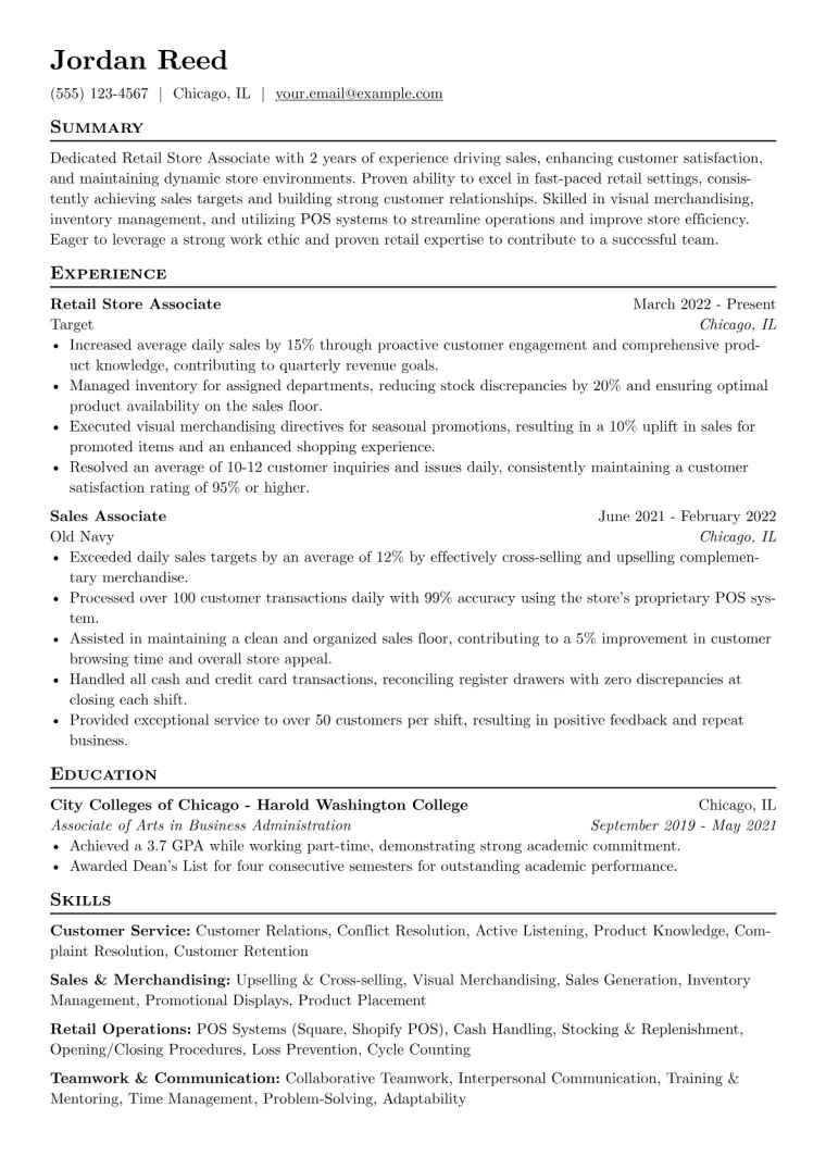 Retail Store Associate Resume Example CV template preview