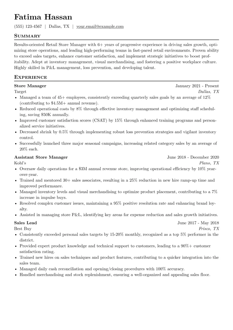 Retail Store Manager Resume Example CV template preview