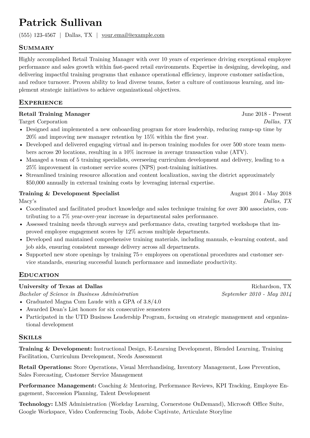 Retail Training Manager Resume Example CV template - Page 1