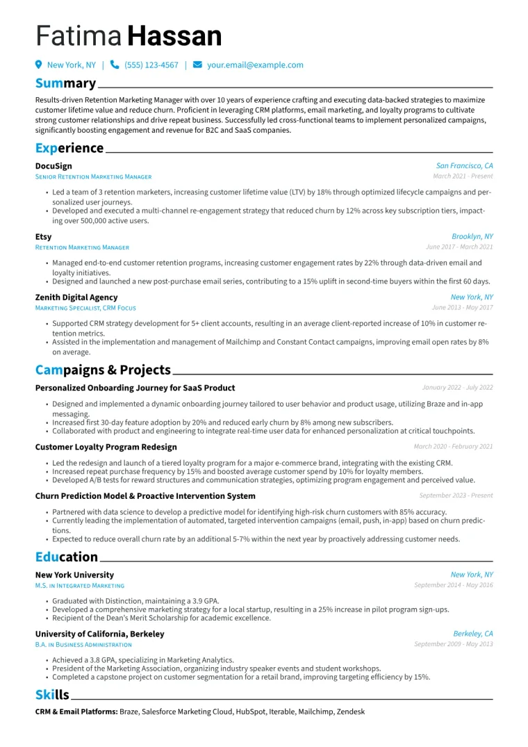 Retention Marketing Manager Resume Example CV template preview