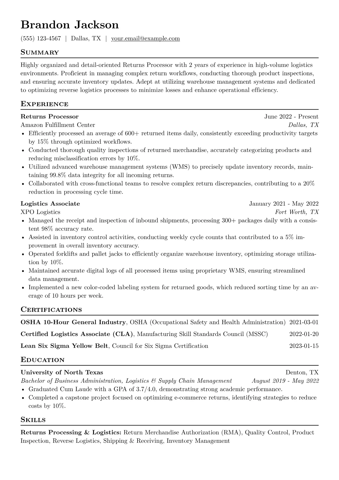 Returns Processor Resume Example CV template - Page 1