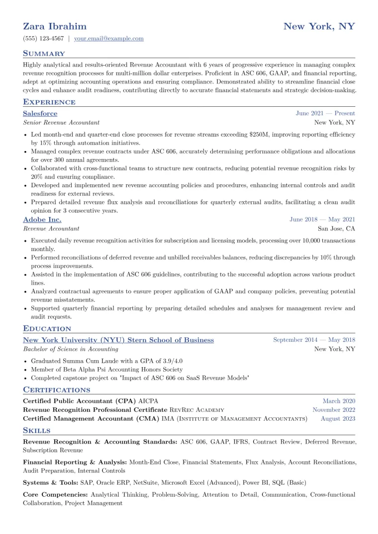 Revenue Accountant Resume Example CV template preview