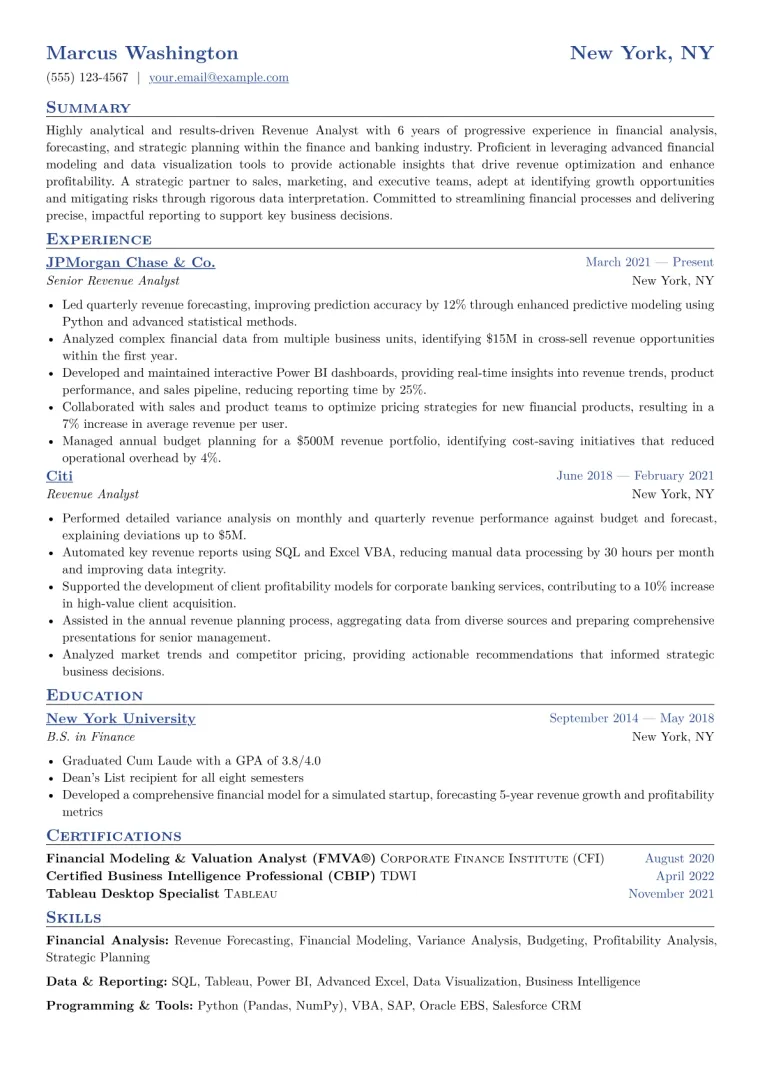 Revenue Analyst Resume Example CV template preview