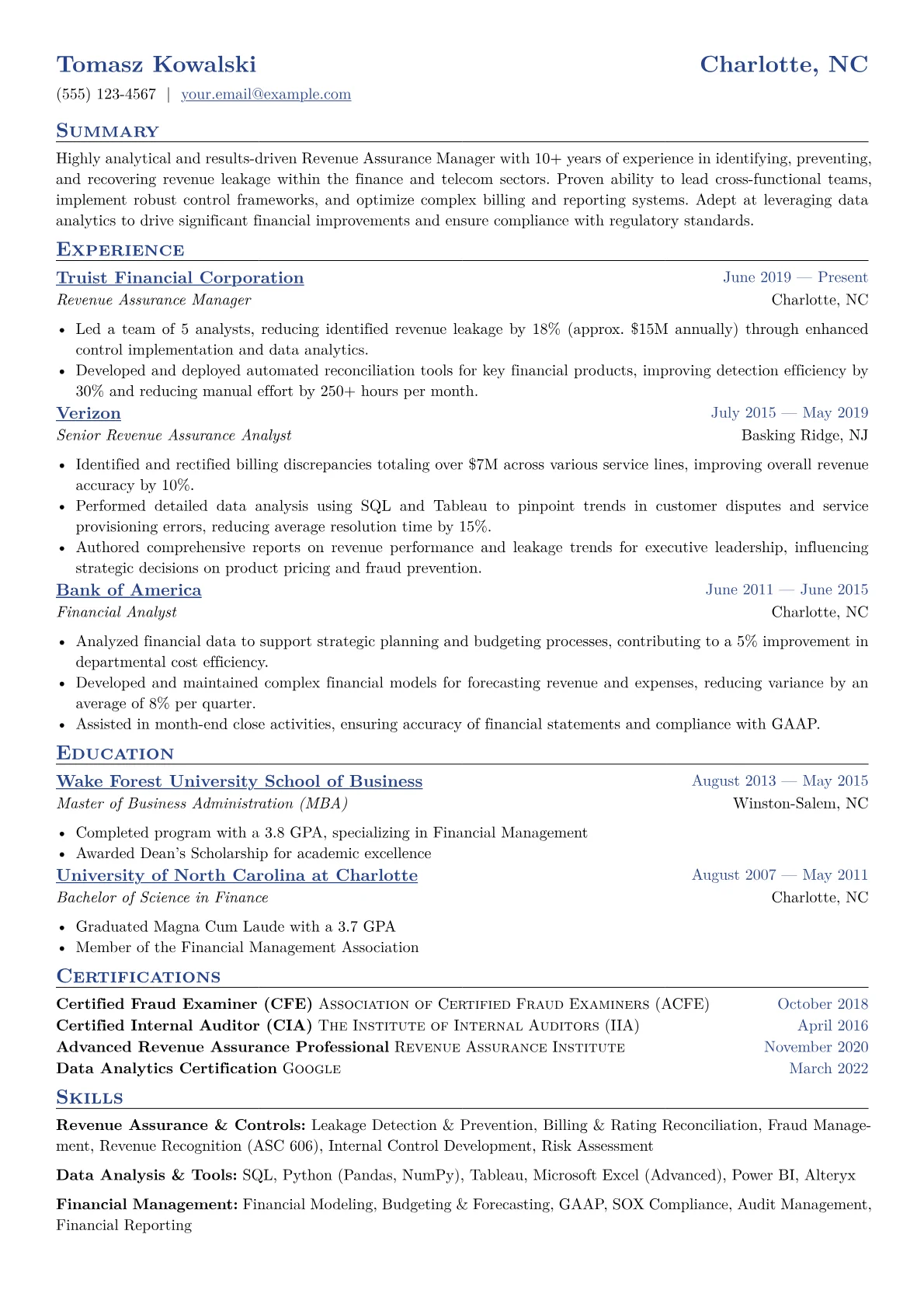 Revenue Assurance Manager Resume Example CV template - Page 1