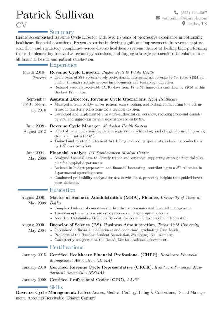 Revenue Cycle Director Resume Example CV template preview