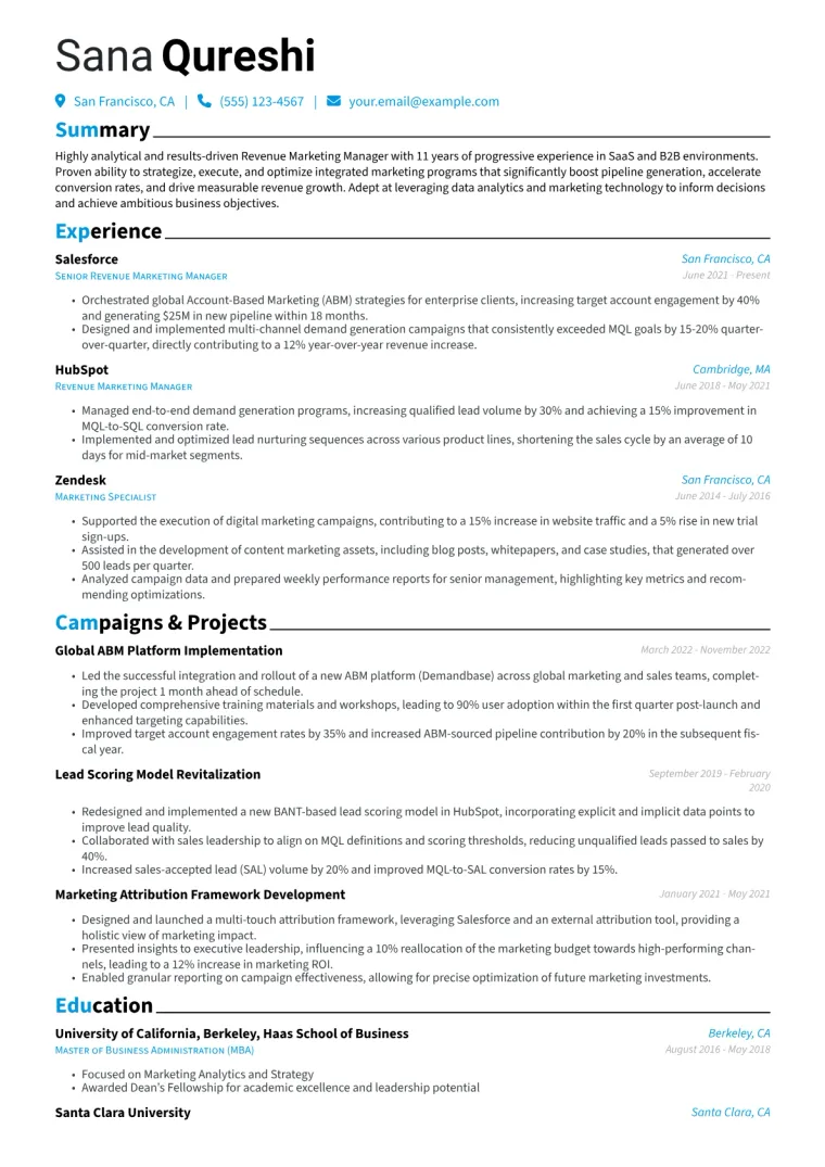 Revenue Marketing Manager Resume Example CV template preview