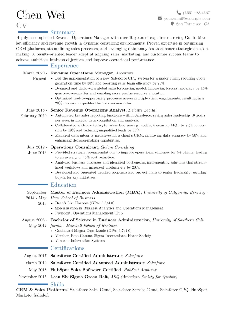 Revenue Operations Manager Resume Example CV template preview