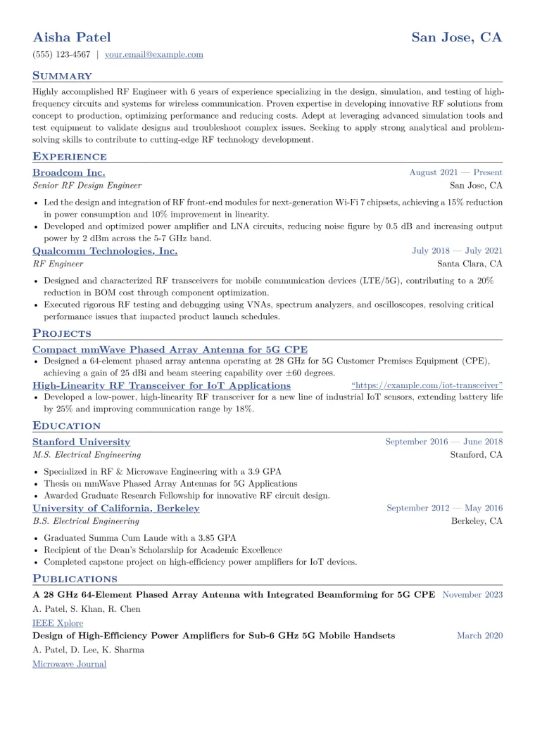 RF Engineer Resume Example CV template preview