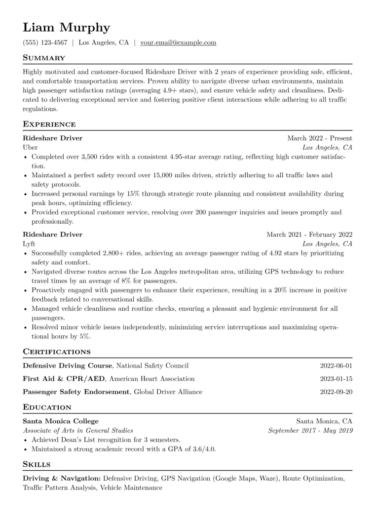Rideshare Driver Resume Example CV template preview